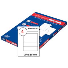 FIS FSLA4-1-100 Multi-Purpose White 200 x 60mm Labels - A4 (4 Stickers x 100 Sheets)
