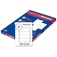 FIS FSLA4-6-100 Multi-Purpose White 192 x 61mm Labels - A4 (4 Stickers x 100 Sheets)