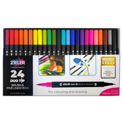 Zieler 9292256 24 Duo Tip Dual Brush & Fine Point Pens with 0.4mm fibre tip nibs