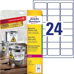 Avery L4773-20 Resistant Labels - 63.5 x 33.9mm - 24 Labels x 20 Sheets