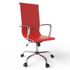 MHM Ultimate 031H Eames Replica Ribbed PU Chrome High Back Chair, Red