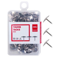 Deli E0022 Thumb Tacks - 10mm - Silver - 100 Pins x (Box of 10)