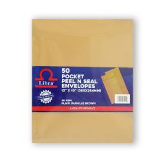 Libra Peel & Seal Brown Envelope, 12" x 10", 80gsm, A4 (Pack of 50)