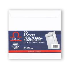 Libra Peel & Seal White Envelope, 12" x 10", 100 gsm, A4 (Pack of 50)